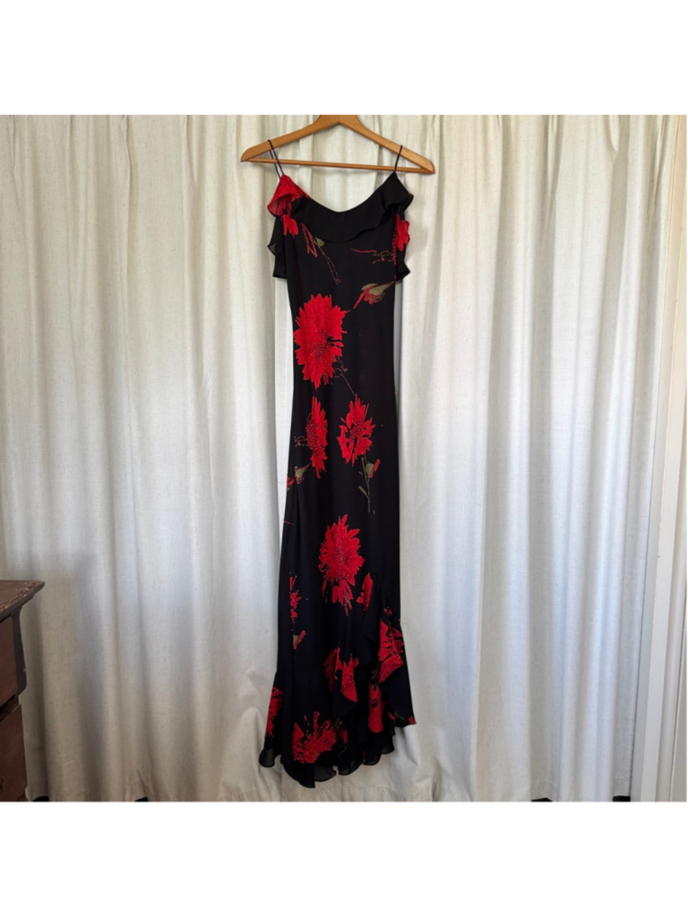 Y2K Caché maxi slip dress w/ red floral print and beaded ruffle detail • Size: S